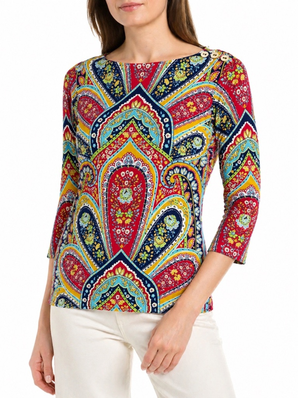 J. MCLAUGHLIN WAVSONG GOLETA CATALINA CLOTH FITTED GRAPHIC BOATNECK 3/4 TEE TOP